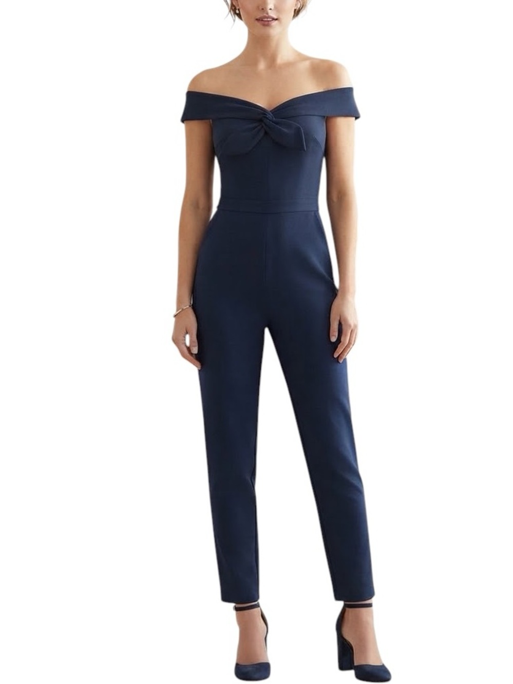 ADELYN RAE Karlie Off Shoulder Twist Front Jumpsuit Navy Size XS